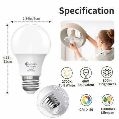6-Pack A19 LED Light Bulbs,60 Watt Equivalent Daylight 5000K with E26 Base,Efficient 9W,800 Lumens Non-Dimmable LED Bulbs,15000 Hours, Ideal for Bedroom Living Room