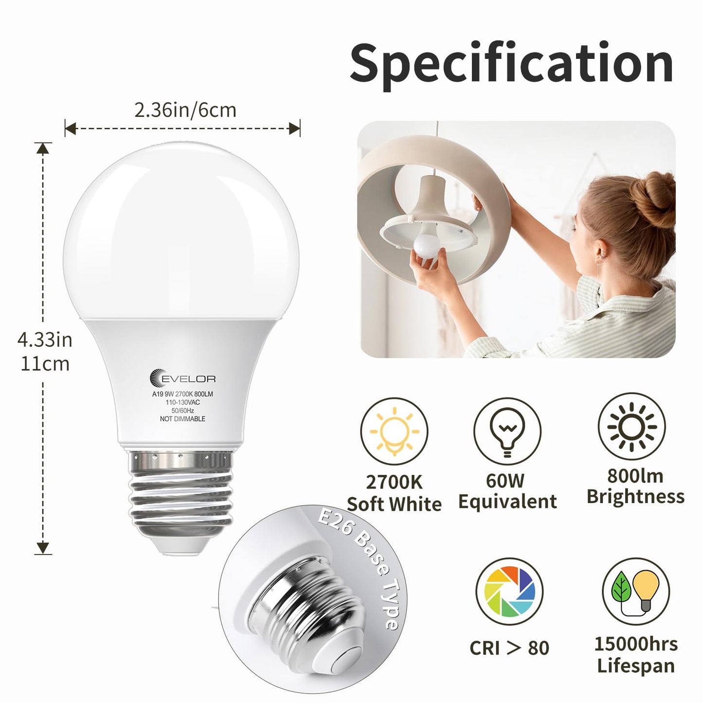 6-Pack A19 LED Light Bulbs,60 Watt Equivalent Daylight 5000K with E26 Base,Efficient 9W,800 Lumens Non-Dimmable LED Bulbs,15000 Hours, Ideal for Bedroom Living Room
