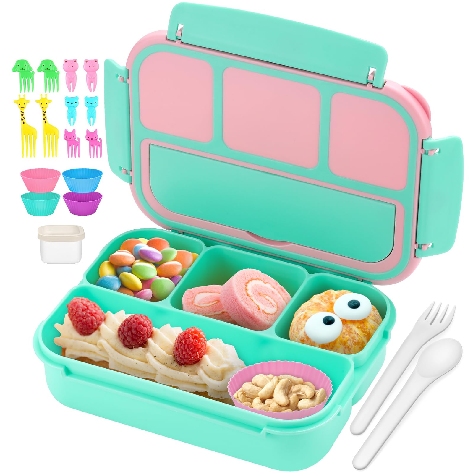 QQKO Bento Lunch Box for Kids Girls Boys, Toddler Kids Lunch Boxes for School, Lunch Containers for Adults with 4 Compartments, Sauce Container, Utensils, Food Picks and Muffin Cups, Purple