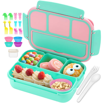 QQKO Bento Lunch Box for Kids Girls Boys, Toddler Kids Lunch Boxes for School, Lunch Containers for Adults with 4 Compartments, Sauce Container, Utensils, Food Picks and Muffin Cups, Purple