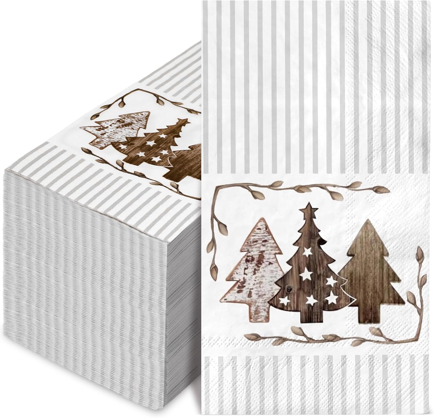 80 Pack Merry Christmas Guest Napkins Brown Grey Striped Christmas Tree Disposable Paper Napkin Xmas Holiday Party Dinner Decor Hand Napkin Towel for Home Kitchen Bathroom, 13 x 15.7 Inch