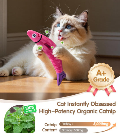 Cat Toys with[5000mg A+Natural Catnip &Silvervine] [Baby Grade] Interactive Soft Chew Kicker Cat Toys for Indoor Cats & Kittens, [Crinkle &Bell] Fish Sound Toy, Drives Bored Cat Crazy with Fun