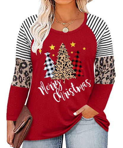 Plus Size Christmas T Shirt Women Xmas Leopard Plaid Trees Print Tees Casual Long Sleeve Holiday Shirts Top