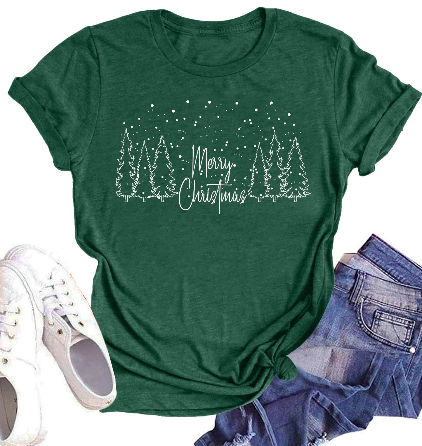 Believe Christmas Shirt for Women Christmas Tree Graphic T-Shirts Believe Letter Print Tees Holiday Tops