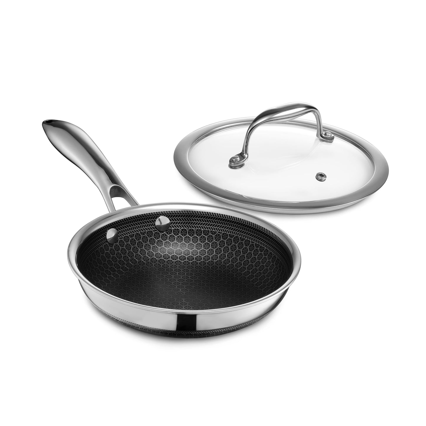HexClad Hybrid Nonstick 8-Inch Frying Pan with Tempered Glass Lid, Stay-Cool Handle, Dishwasher-Friendly, Oven-Safe Up to 900°F, Induction Ready, Compatible with All Cooktops