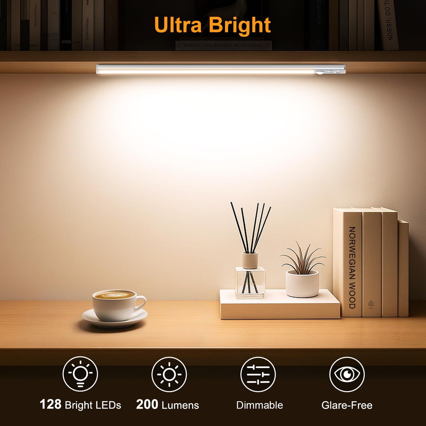 Gritin 10.2inch Under Cabinet Lighting Rechargeable -84 LED Super Bright,3-Color& 5 Level Brightness,4 Modes,Motion Sensor,Long Lasting- Easy Installation Magnetic Under Cabinet Closet Lights -2 Pack