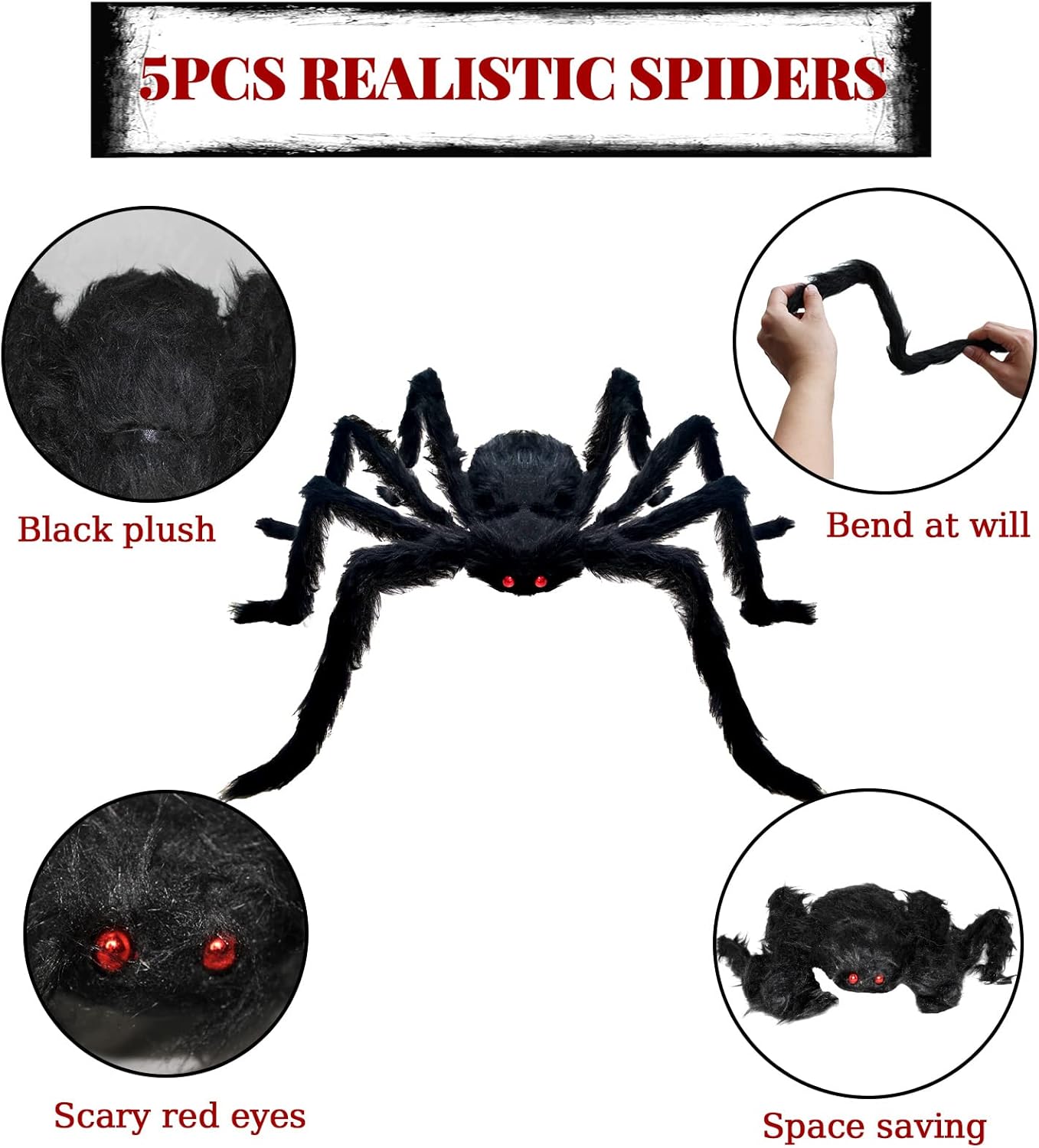 5 Pcs Halloween Spiders Decorations, Realistic Spiders Halloween Decor Indoor Outdoor
