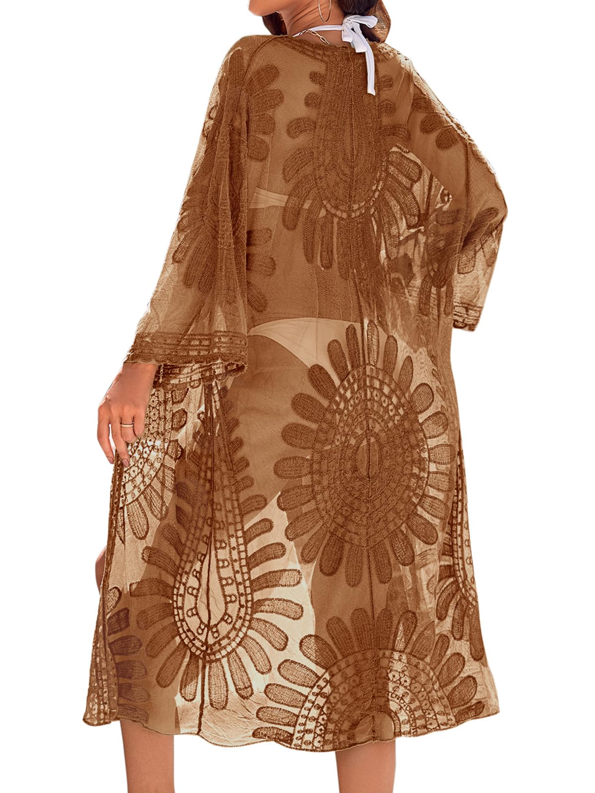 Blooming Jelly Womens Bathing Suit Cover Up 3/4 Sleeve Mesh Swimsuit Coverup Long Floral Beach Lace Kimono Summer Cardigan