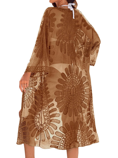 Blooming Jelly Womens Bathing Suit Cover Up 3/4 Sleeve Mesh Swimsuit Coverup Long Floral Beach Lace Kimono Summer Cardigan