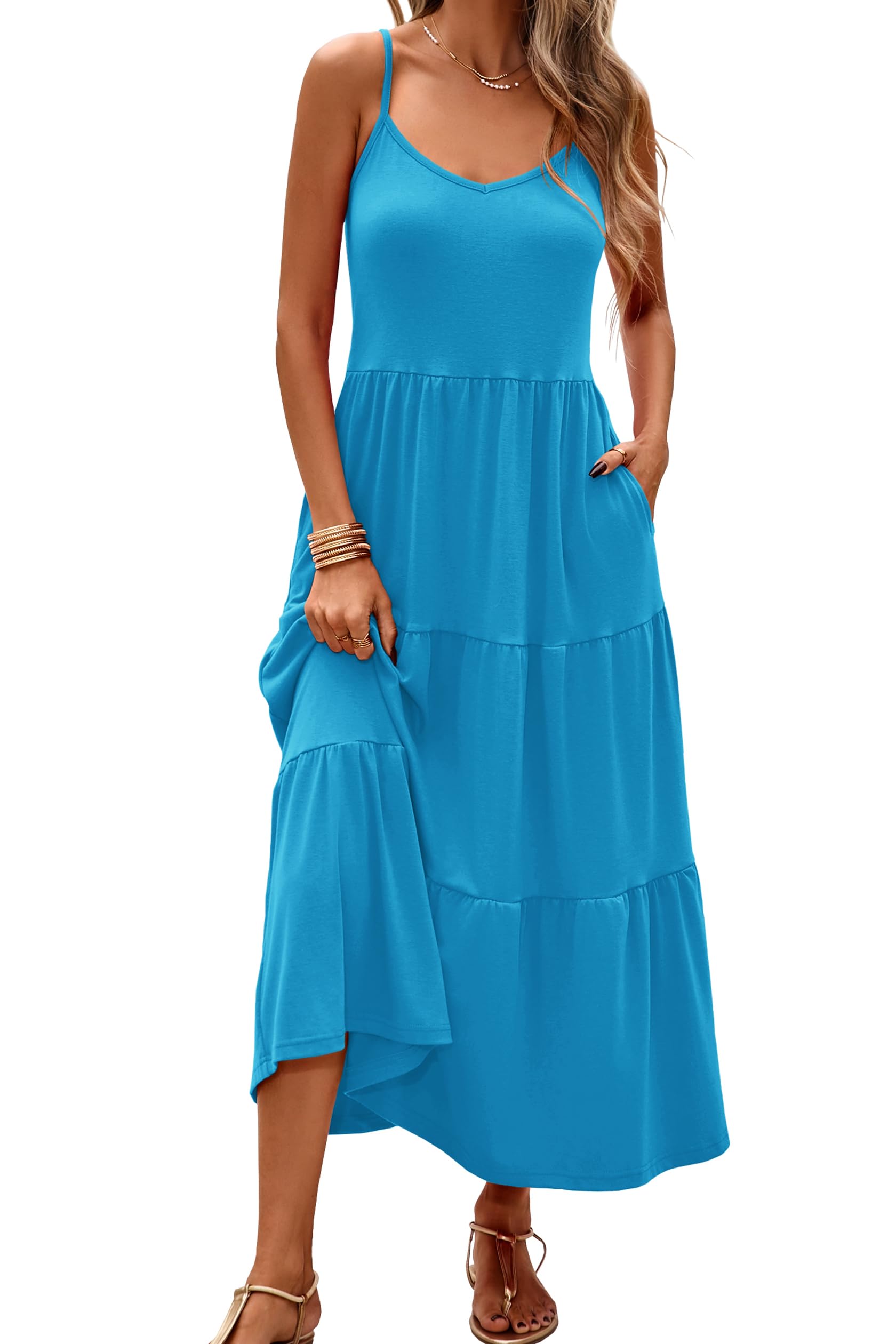 Halife Womens Flowy Tiered Maxi Dress Sleeveless Summer Sundresses Adjustable Straps Long Beach Sun Dresses with Pockets