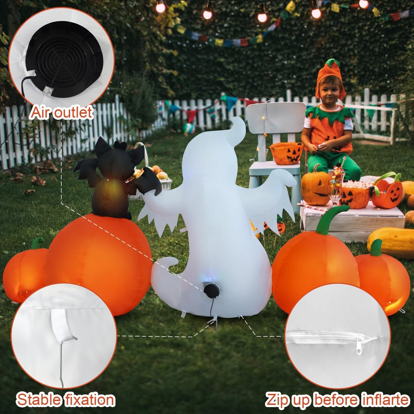 8ft Bat Pumpkin Row Stand Halloween Inflatable Outdoor Decoration, Yard Decorations with LED Lights for Outdoor Lawn, Garden, Home Holiday Party