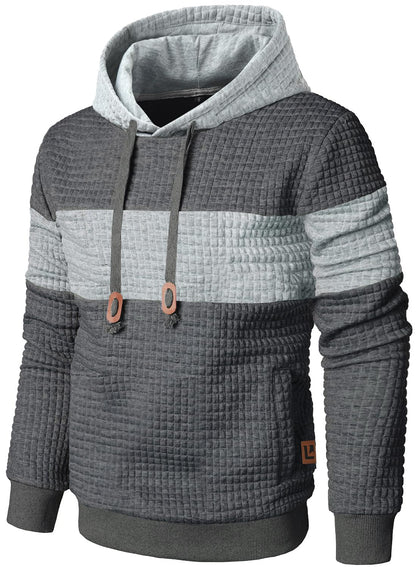 Men’s Sweatshirts Long Sleeve Pullover Patchwork Plaid Jacquard Hoodie Casual Drawstring Hoody Top