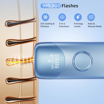 Laser Hair Removal Ubroo IPL Hair Removal Device with 5℃ Ice Cooling, 3 In 1 Painless Hair Removal For Women Men Permanent Face Body Beauty Care (Blue)