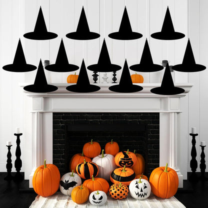 24Pcs Halloween Paper Witch Hat Hanging Decorations, Black Witch Hat Hanging Ornament for Yard Home Ceiling Wall Tree Decor, Spooky Paper Witch Hats Backdrop for Halloween Party Supplies
