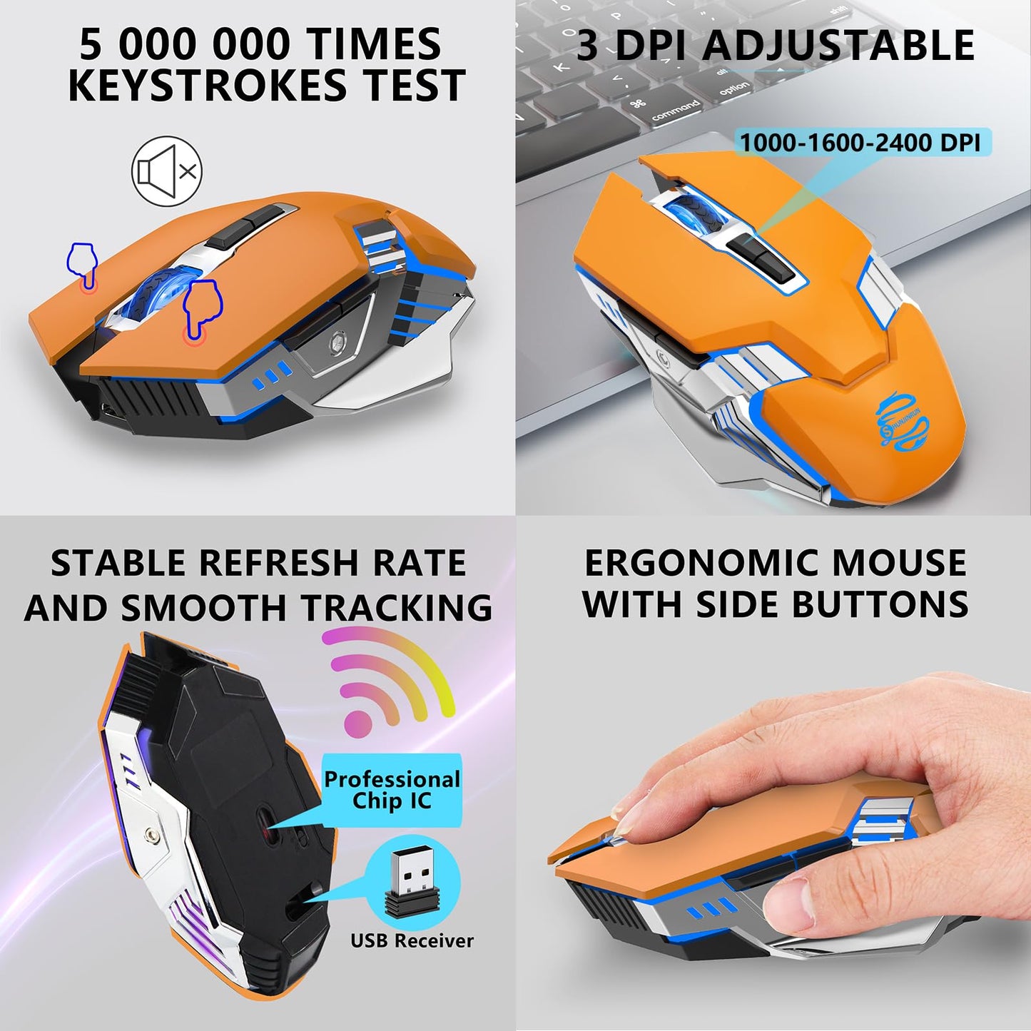 Bluetooth Gaming Mouse, RGB Rechargeable USB Wireless Mouse, Quiet Click, LED Backlit, Ergonomic, with Side Button, 6 Button, DPI Adjustable, Computer Mice for Laptop PC MacBook Chromebook - Grey