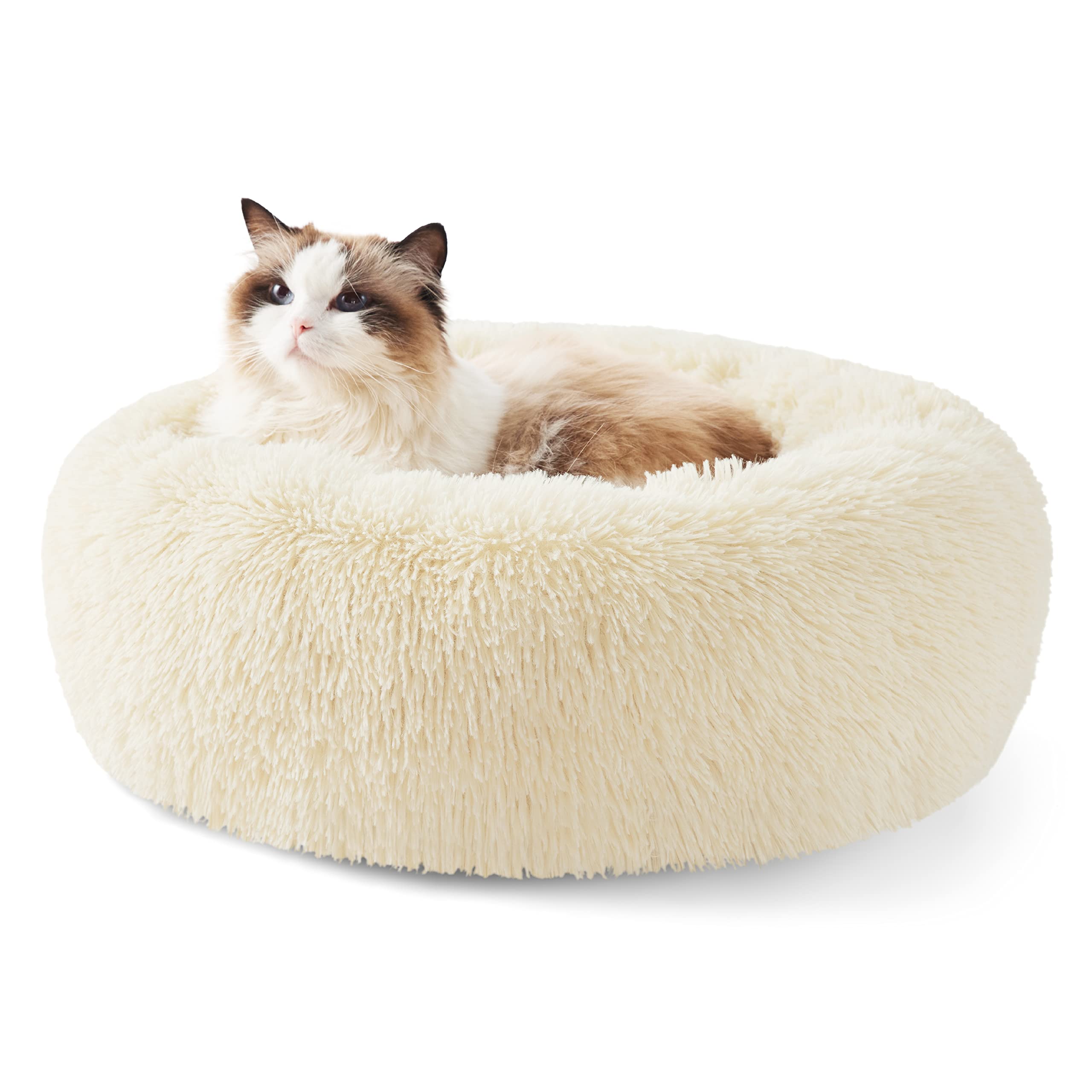 Bedsure Calming Dog Bed for Small Dogs - Donut Washable Small Pet Bed, 23 inches Anti-Slip Round Fluffy Plush Faux Fur Large Cat Bed, Fits up to 25 lbs Pets, Camel