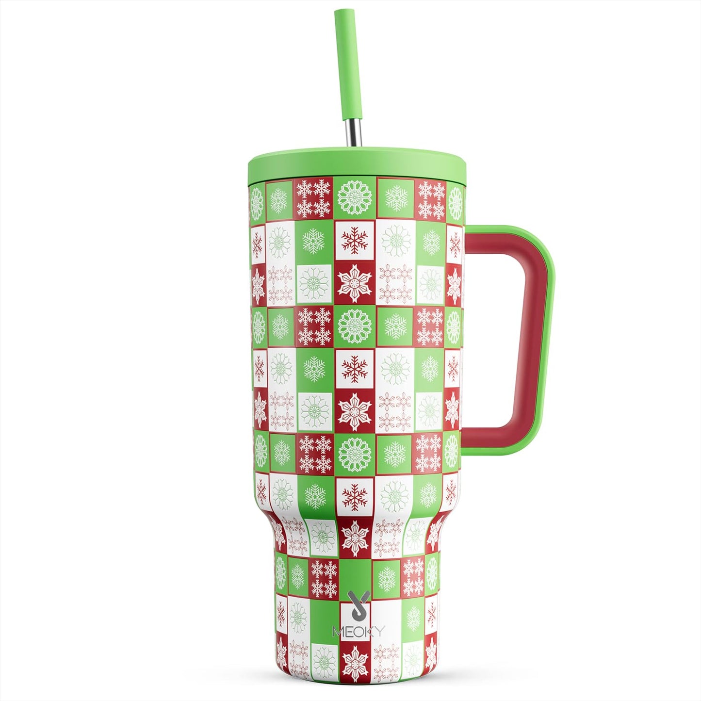 Meoky 40 oz Christmas Tumbler with Handle and Straw, Xmas Tumbler with Lid and Straw, Insulated Stainless Steel Travel Mug, Christmas Gifts for Women Men Adults (Jolly Reindeer)