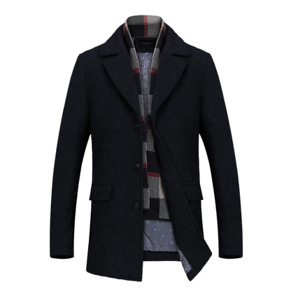 INVACHI Men's Wool Blend Pea Coat Warm Winter Trench Coat with Detachable Soft Scarf Single Breasted Overcoat