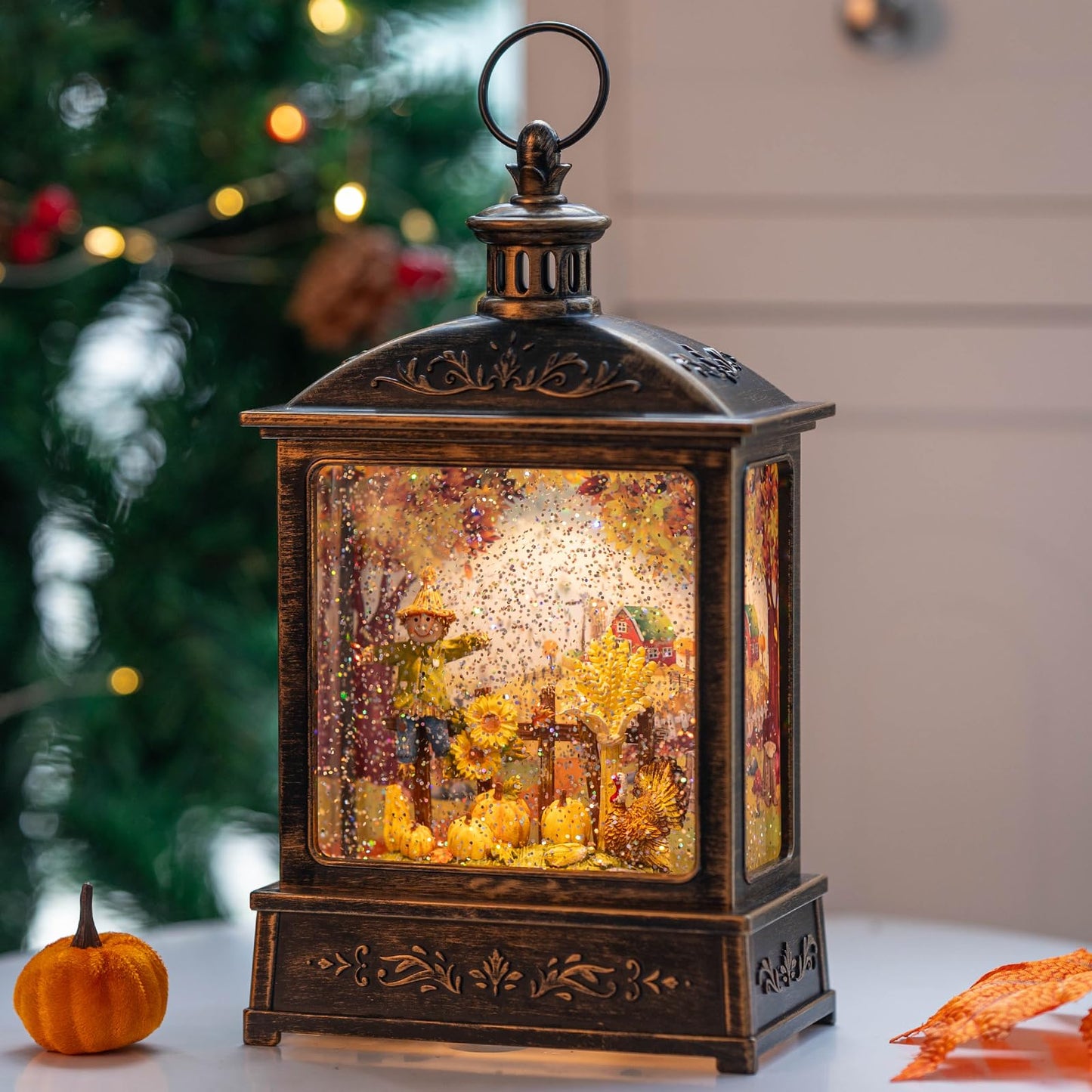 Christmas Snow Globe Swirling Glittering Nativity Scene with Music, USB Lined/Battery Operated Lighted Water Lantern for Christmas Festival Decoration Gifts