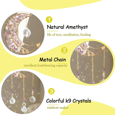 Crystal Moon Suncacher-Sun Catchers Indoor Window Prism Moon Crystal Dream Catcher Natural Healing Stones Rainbow Maker Garden Car Decoration Outdoor (Amethys)