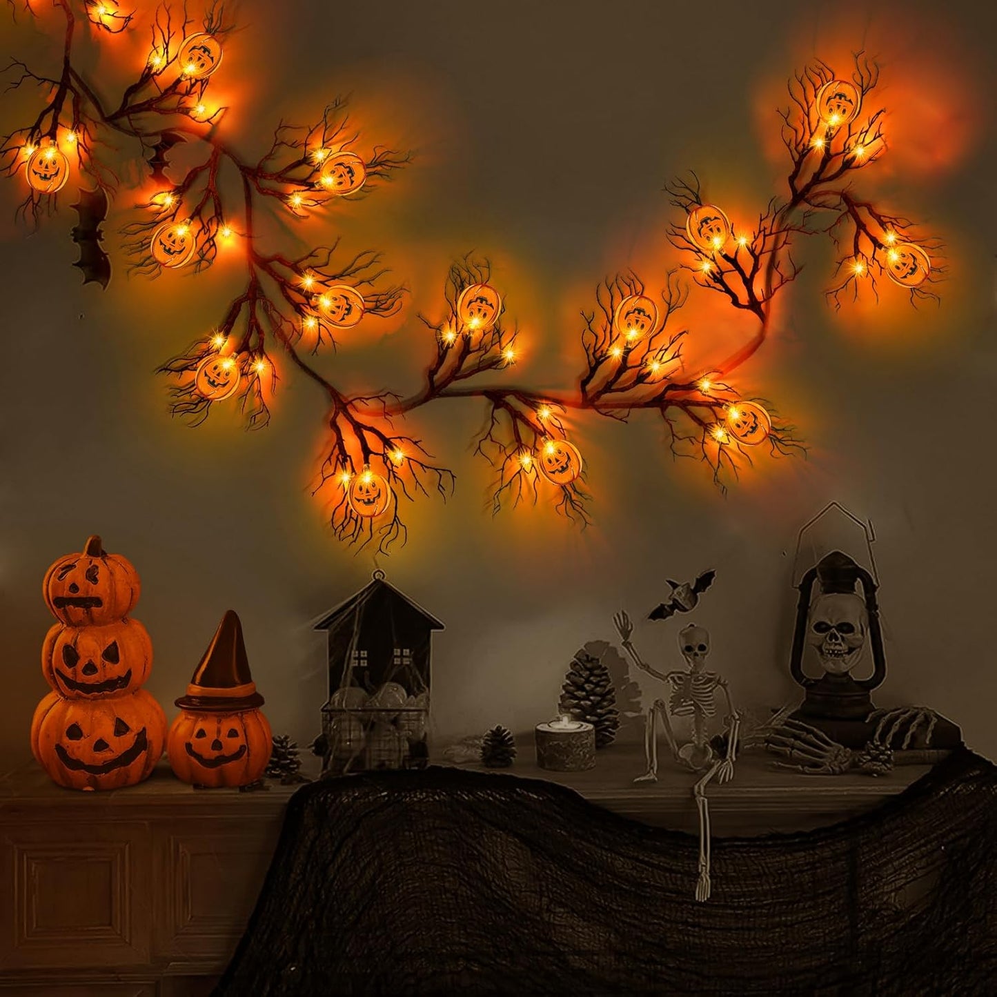 [ 8 Modes & Timer ] 6 Ft 45 LED Halloween Willow Vine Twig Garland Decorations with 15 Pumpkins Orange Lights, Battery Operated Waterproof Halloween Decorations for Home Wall Mantle Fireplace Decor