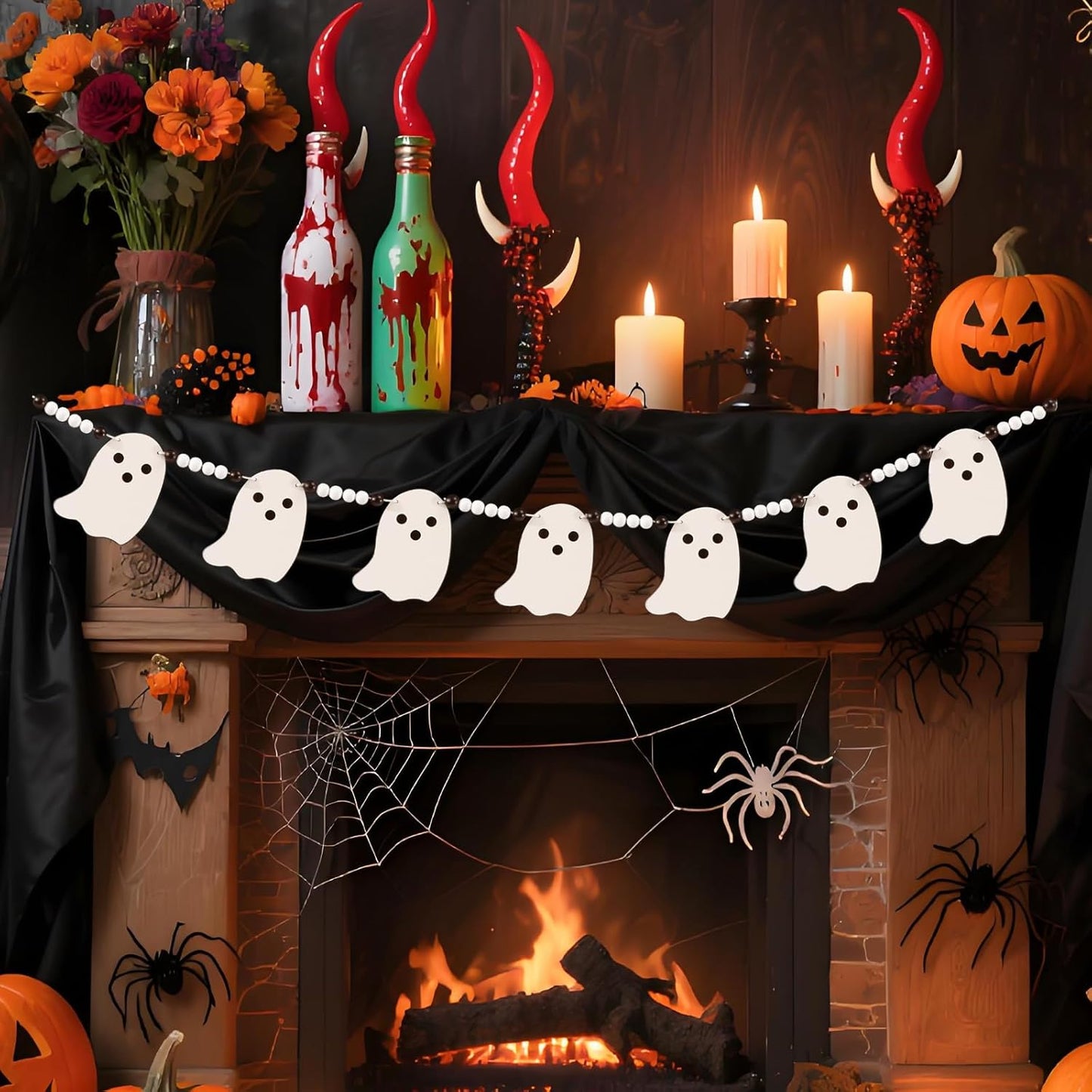 Cute Halloween Ghost Garland Decorations Indoor Outdoor, Wood Ghost Banner with Beads, Rustic Halloween Banner for Haunted House Party Decor