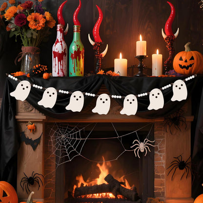 Cute Halloween Ghost Garland Decorations Indoor Outdoor, Wood Ghost Banner with Beads, Rustic Halloween Banner for Haunted House Party Decor