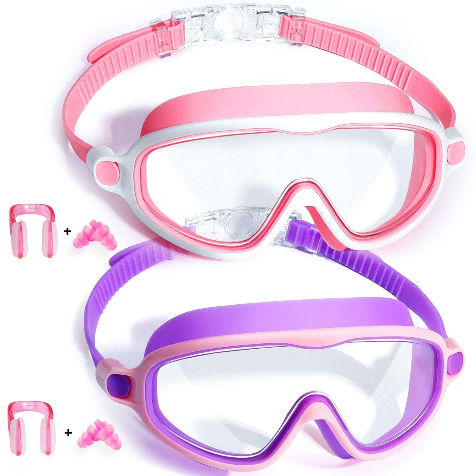 Seago Swim Goggles 2 Pack Anti-Fog Anti-UV Wide View Swimming Goggles for Kids 3-14