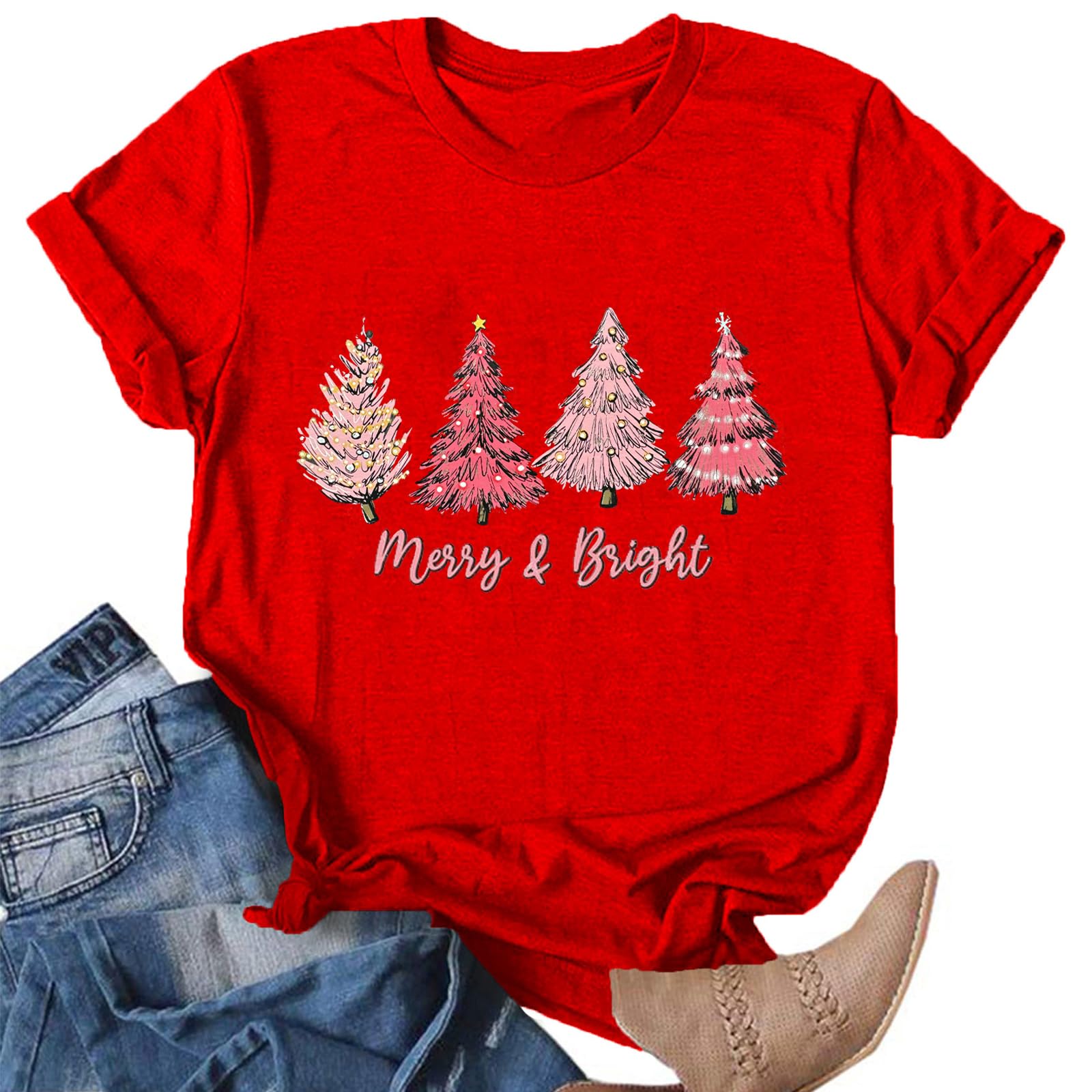 Christmas Shirts for Women:Merry Christmas T-Shirt Xmas Tree Casual Short Sleeve Tee Tops
