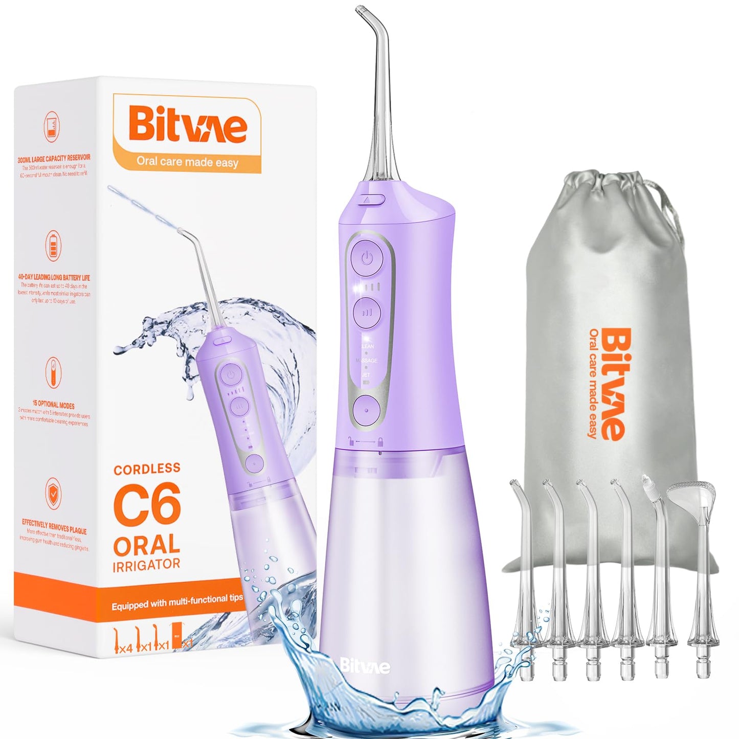Bitvae Water Dental Flosser for Teeth, Cordless Water Teeth Cleaner Picks, 3 Modes 5 Intensities, IPX7 Waterproof, Rechargeable Water Dental Picks for Cleaning - Black