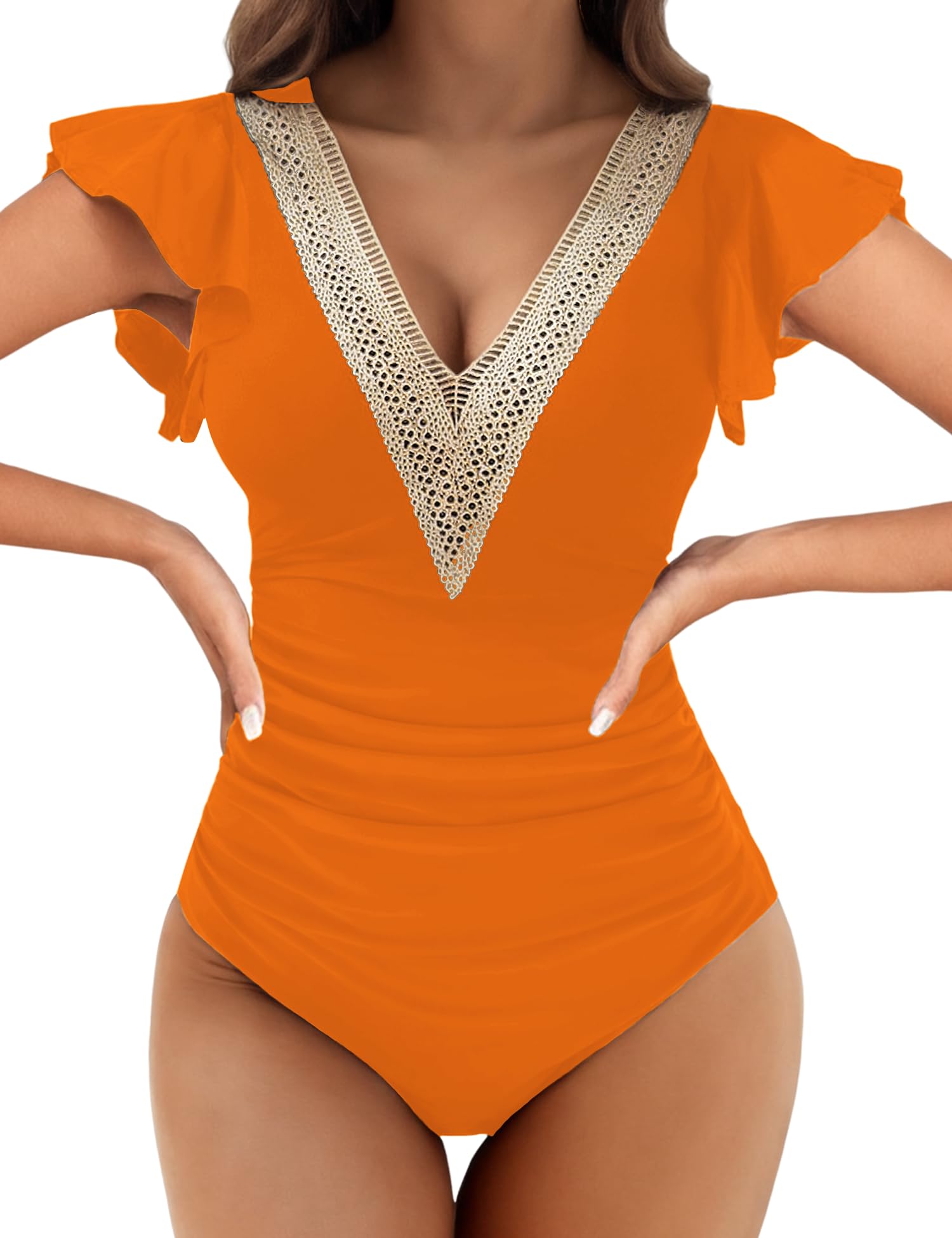 Buauty Womens One Piece Swimsuits Tummy Control Bathing Suits Deep V Lace Neckline Ruffle Swimwear Women 2025