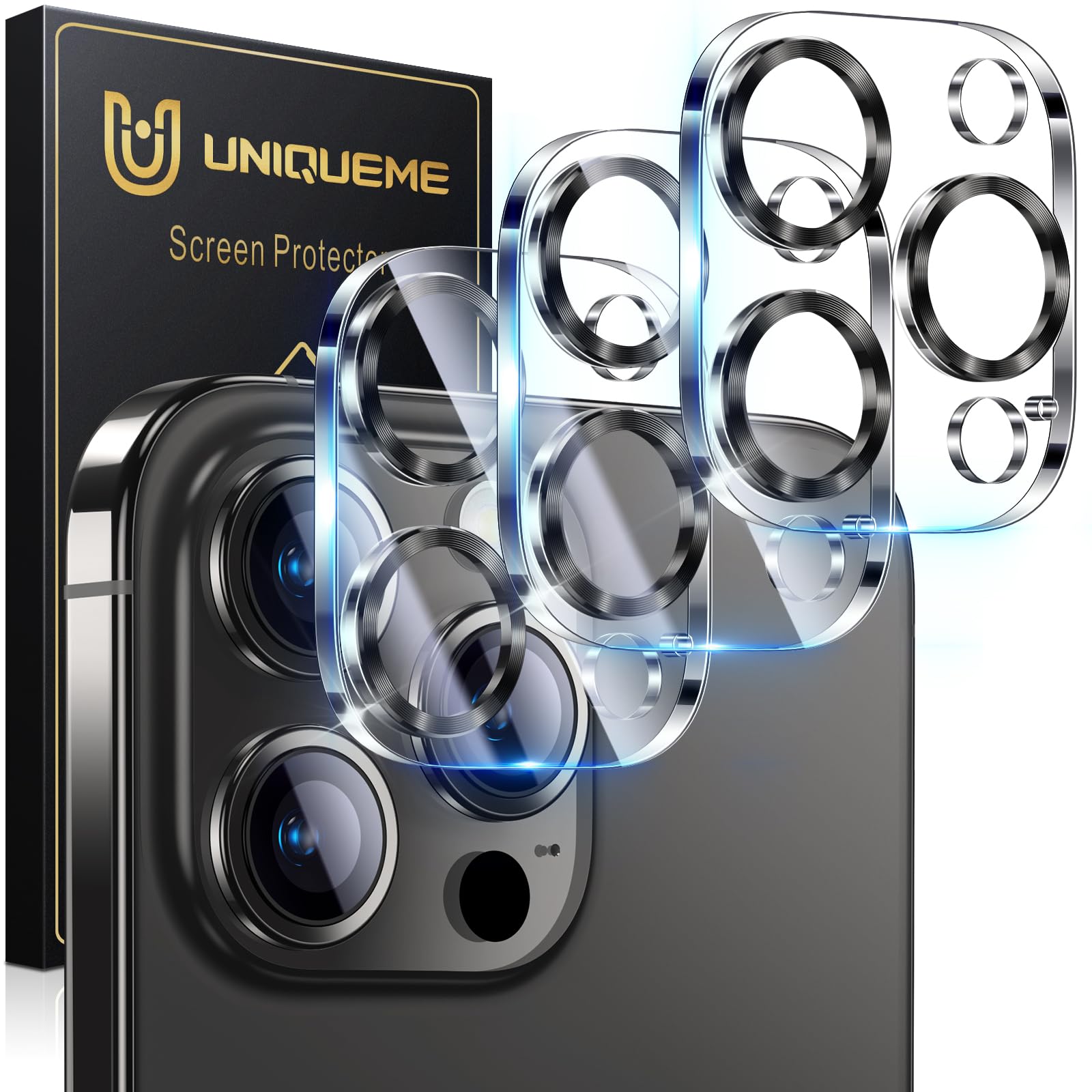 UniqueMe Compatible for 3 Pack iPhone 17 Pro Camera Lens Protector - [Drop Protection] 9H Tempered Glass Camera Cover Screen [Update New Version]【Not for 17 Pro Max】