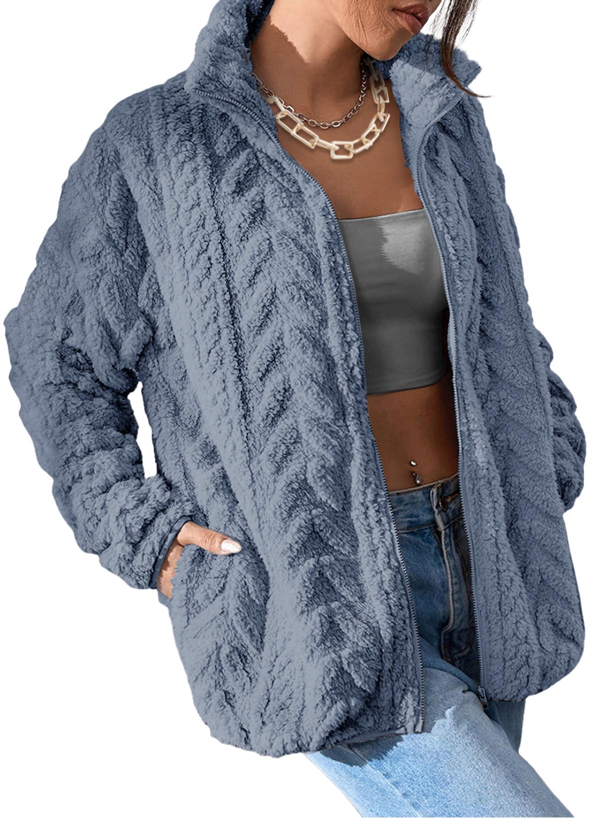 Dokotoo Winter Fleece Jacket for Women 2025 Zipper Stand Collar Casual Coats with Pockets