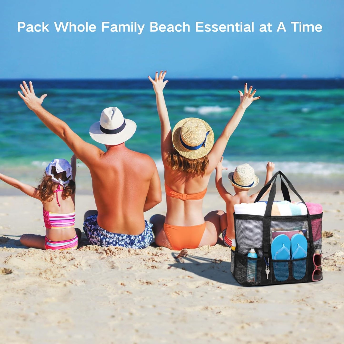 F-color Mesh Beach Bag Family - 9 Pockets Large Beach Tote for Cruise Vacation Essentials