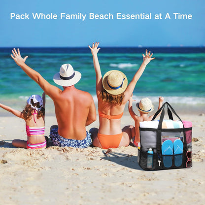 F-color Mesh Beach Bag Family - 9 Pockets Large Beach Tote for Cruise Vacation Essentials