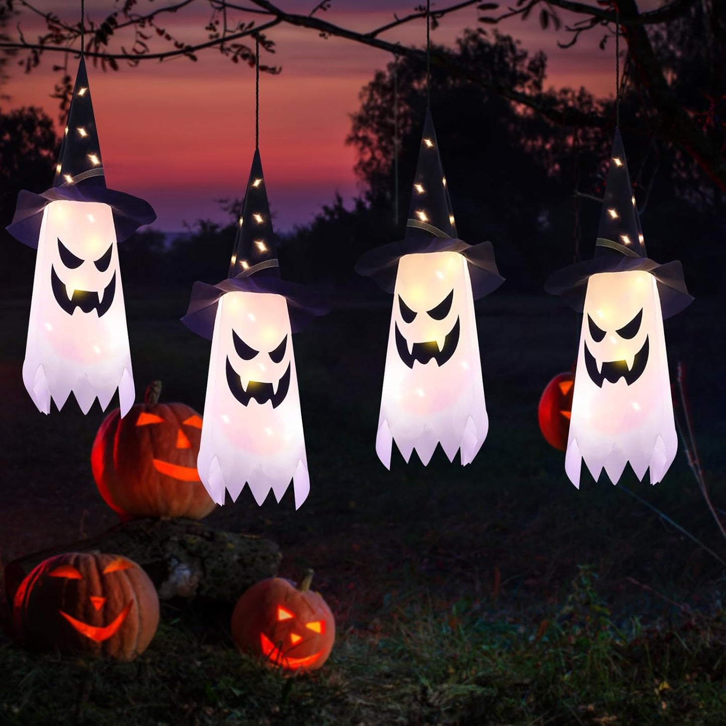 Halloween Decorations Glowing Ghost Witch Hat Halloween String Lights - Indoor/Outdoor Hanging Decor for Home, Garden & Tree (4Pcs)