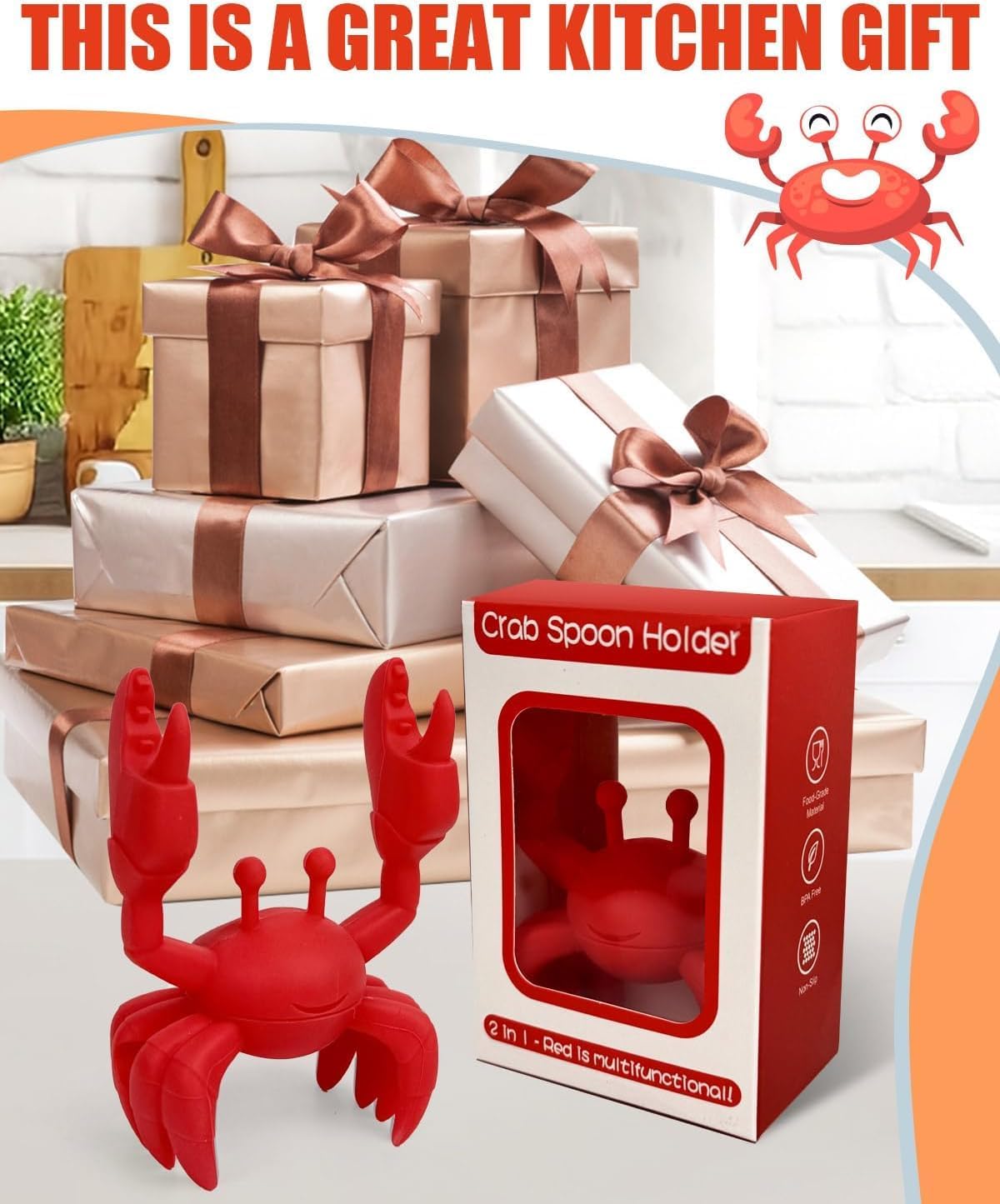 2 PCS Crab Silicone Utensil Rest -Silicone Spoon Holder, Funny Kitchen Accessory Gifts-Heat-Resistant Kitchen and Grill Utensil Holder -Non-Slip Spoon Holder Stove Organizer, Steam Releaser(2 Pcs Red)