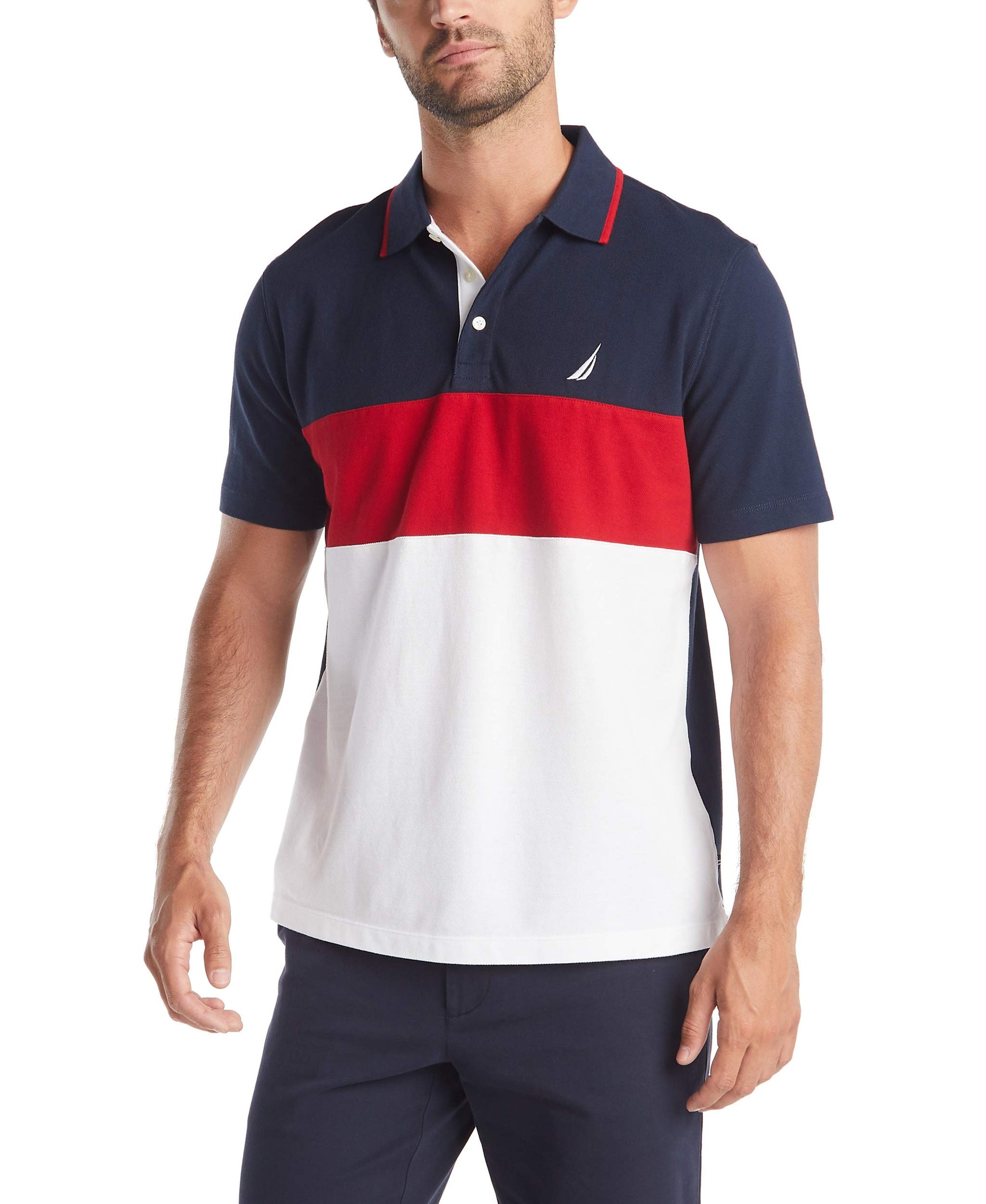 Nautica Men's Short Sleeve 100% Cotton Pique Color Block Polo Shirt
