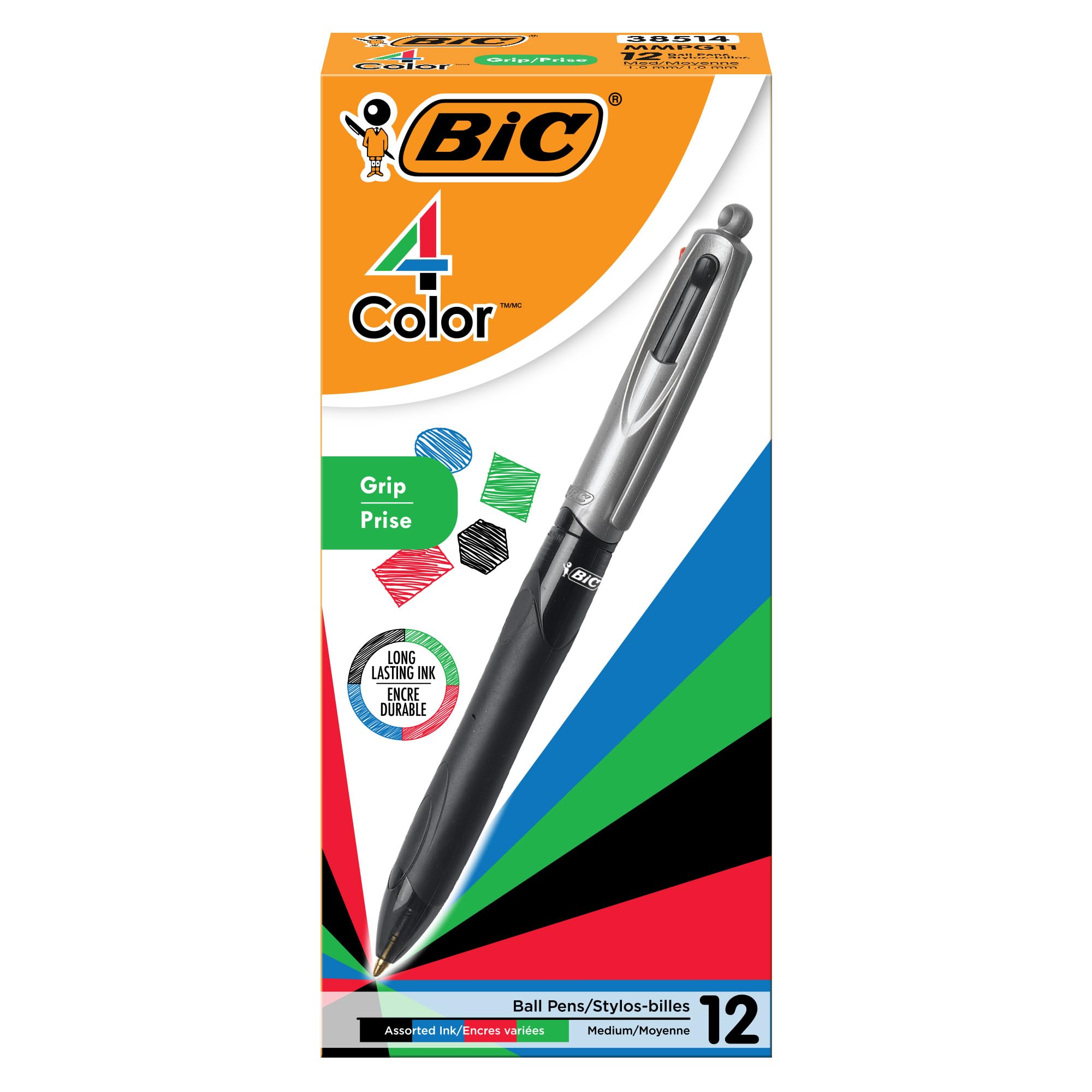 BIC 4 Color Pastel Ballpoint Pen with 1.0 mm Medium Point, Retractable, 12-Count Pack in Assorted Ink