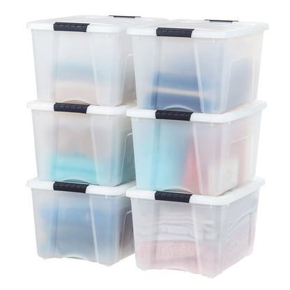 IRIS USA 13 Qt Stackable Plastic Storage Bins with Lids, 6 Pack - BPA-Free, Made in USA - Discreet Organizing Solution, Latches, Durable Nestable Containers, Secure Pull Handle - Pearl