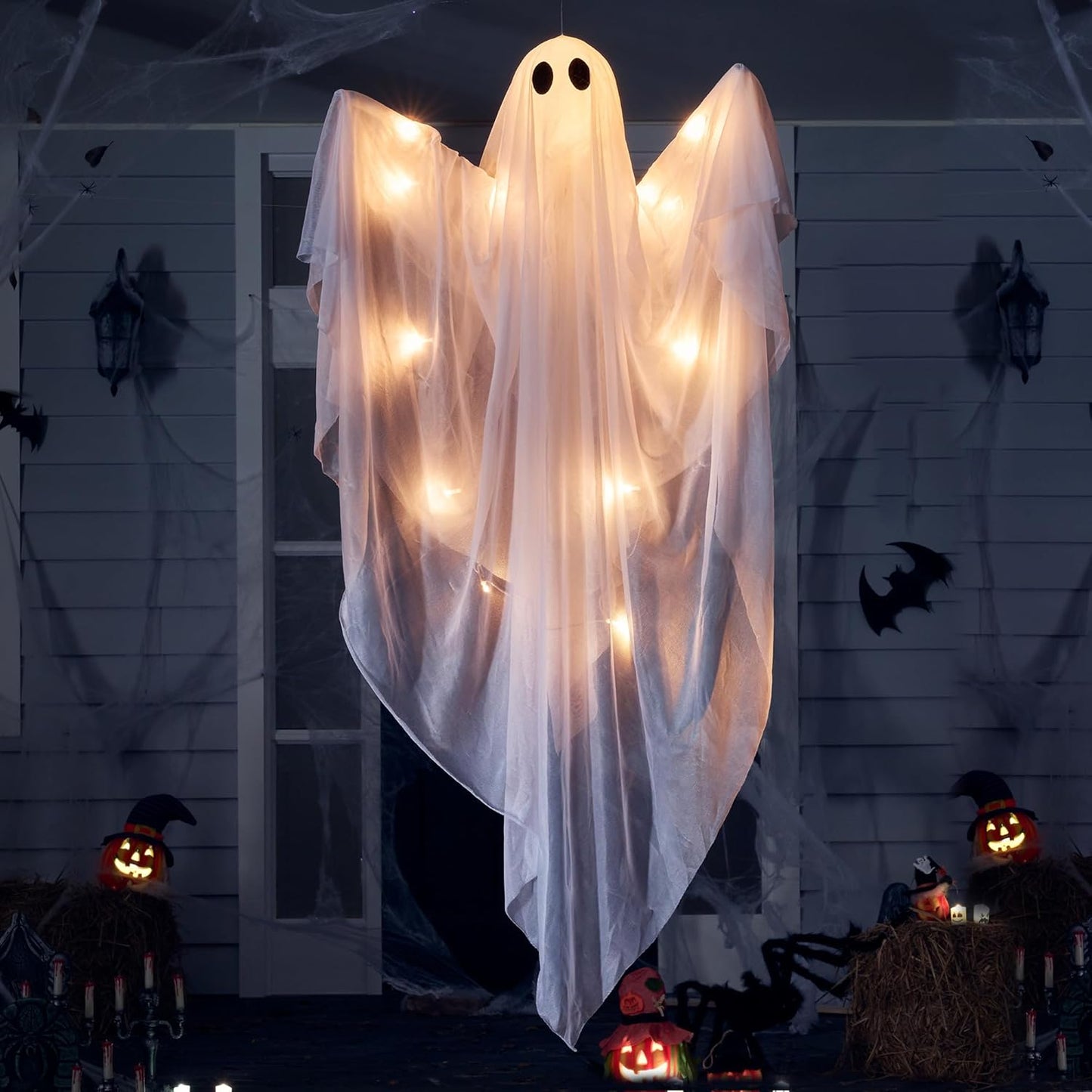 JOYIN Halloween Hanging Light up Ghost with Spooky Warm White LED Light, 47” Halloween Hanging Decoration White Ghosts for Front Yard Patio Lawn Garden Party Decor Indoor Outdoor
