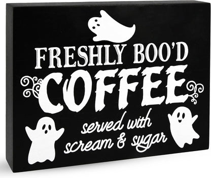 Gift Boutique Halloween Coffee Sign – Freshly Boo’d Coffee Served with Scream and Sugar Black Wooden Tabletop Plaque for Kitchen, Cafe, Party Decor