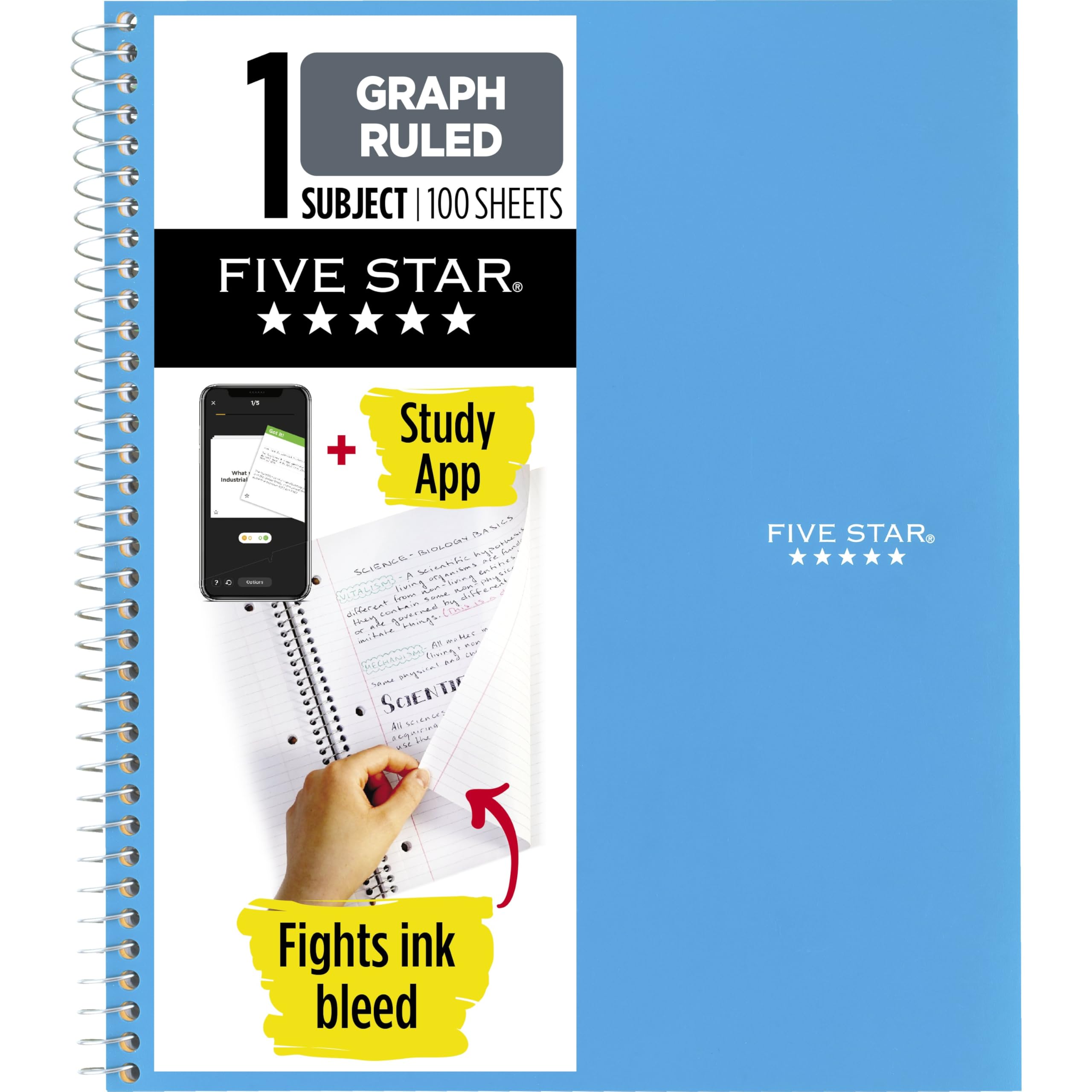 Five Star Spiral Notebook + Study App, 1 Subject, Graph Ruled Paper, 8-1/2" x 11", 100 Sheets, Fights Ink Bleed, Water Resistant Cover, Black (73679)