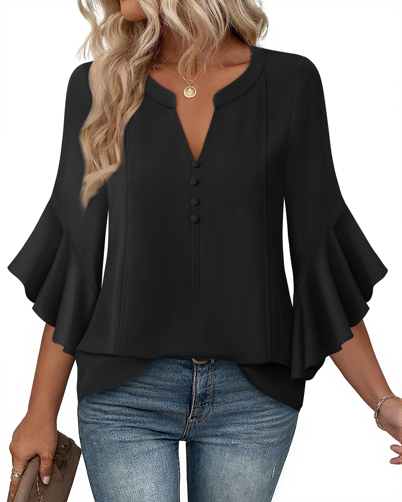 Bebonnie Womens Tops Dressy Casual Ruffle 3/4 Sleeve Henley V Neck Chiffon Blouses with Buttons