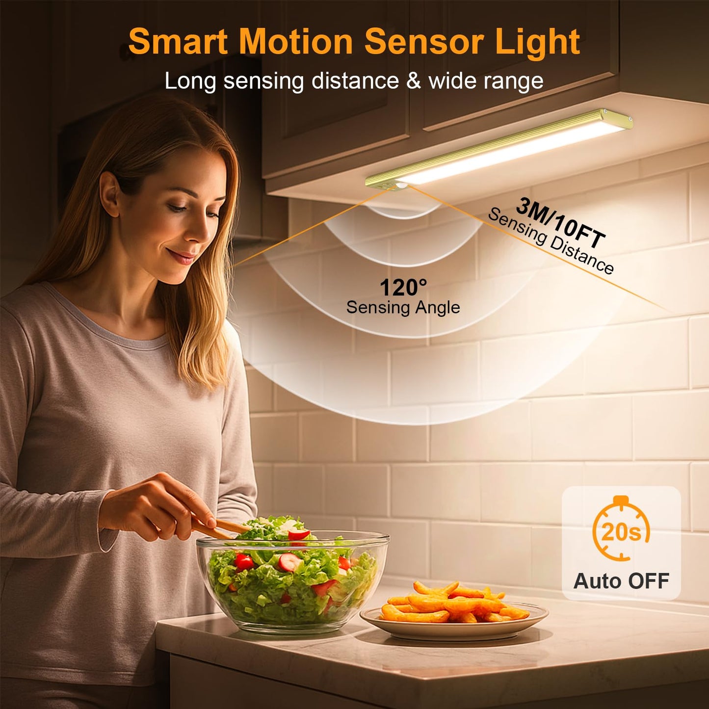 Gritin 10.2inch Under Cabinet Lighting Rechargeable -84 LED Super Bright,3-Color& 5 Level Brightness,4 Modes,Motion Sensor,Long Lasting- Easy Installation Magnetic Under Cabinet Closet Lights -2 Pack