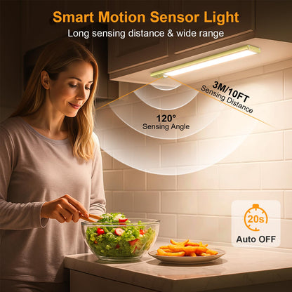 Gritin 10.2inch Under Cabinet Lighting Rechargeable -84 LED Super Bright,3-Color& 5 Level Brightness,4 Modes,Motion Sensor,Long Lasting- Easy Installation Magnetic Under Cabinet Closet Lights -2 Pack