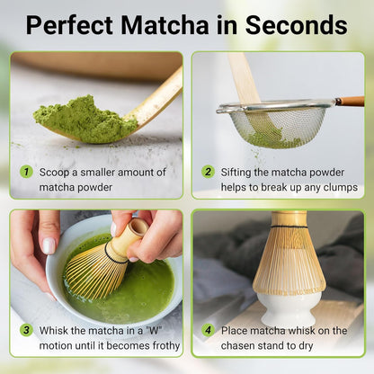 Bamboo Matcha Whisk Set -Matcha Whisk (Chasen),Whisk Holder(White),Sifter,Tea Scoop and Tea Spoon