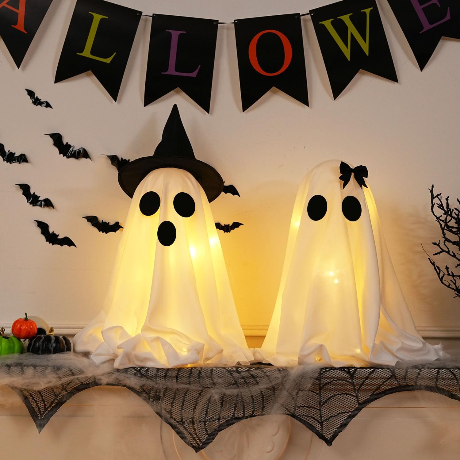 [Timer] Light Up Halloween Ghost Decorations, Set of 2 DIY Spooky Ghosts Crafts, Scary Ghost for Halloween Decor Indoor Home Mantel Shelf & Tabletop Decor