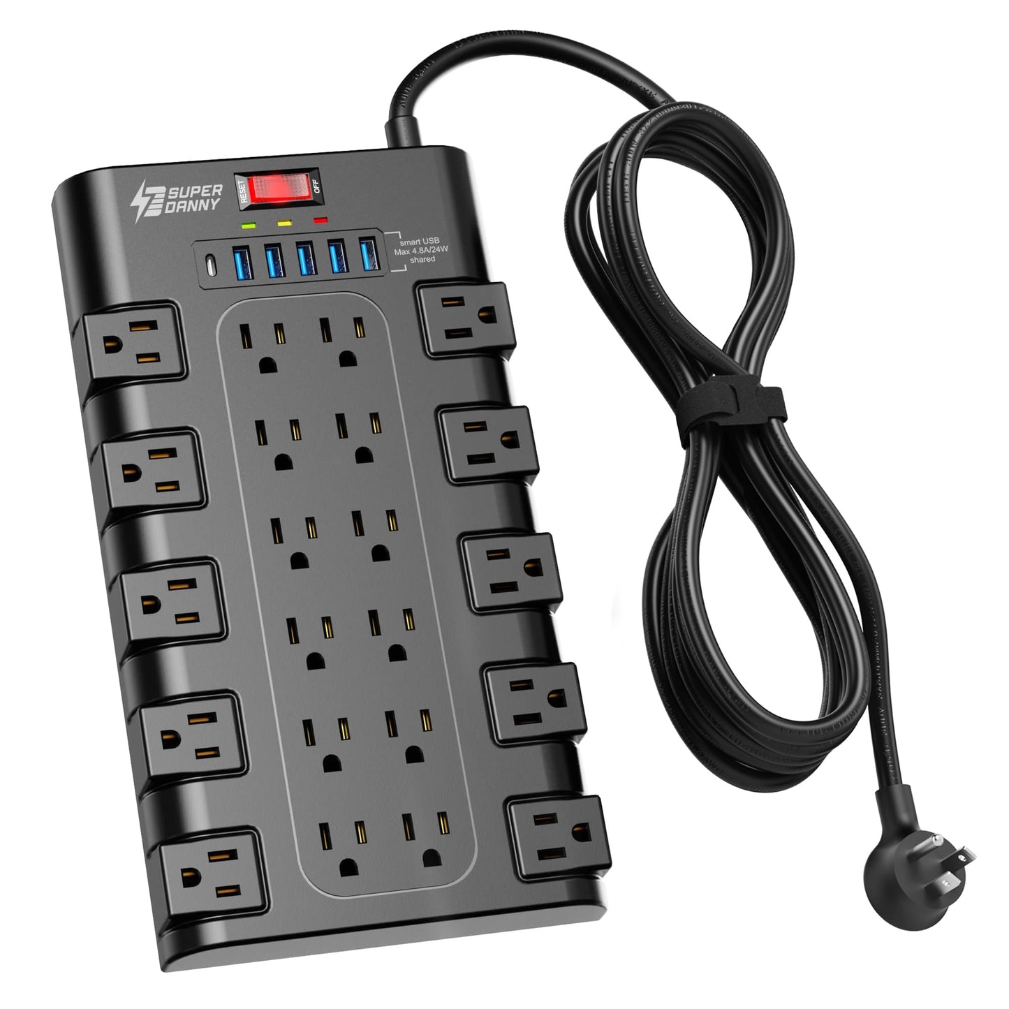 Power Strip, SUPERDANNY Surge Protector with 22 AC Outlets and 6 USB Charging Ports, 1875W/15A, 2100 Joules, 6.5Ft Flat Plug Heavy Duty Extension Cord for Home, Office, Dorm, Gaming Room, Black