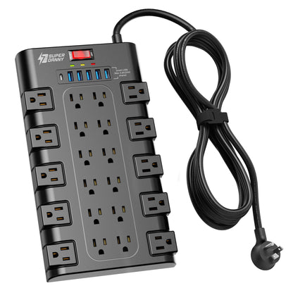 Power Strip, SUPERDANNY Surge Protector with 22 AC Outlets and 6 USB Charging Ports, 1875W/15A, 2100 Joules, 6.5Ft Flat Plug Heavy Duty Extension Cord for Home, Office, Dorm, Gaming Room, Black